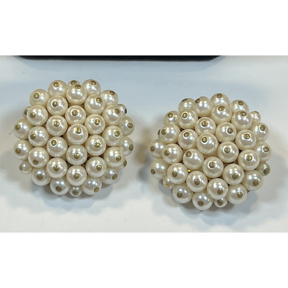 Vintage Gold Tone Faux Pearl Raised Cluster Costume Clip On Earrings